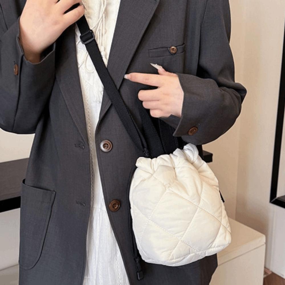 Solid Color Nylon Shoulder Bag Elegant Down Crossbody Bag Simple Drawstring Bucket Bag  Female