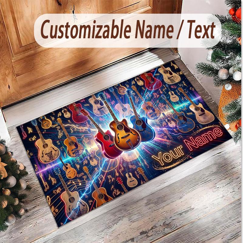 Music Guitar Theme Soft Crystal Velvet Rug Custom Name & Text Print Non Slip Floor Rug for Bedroom Living Room