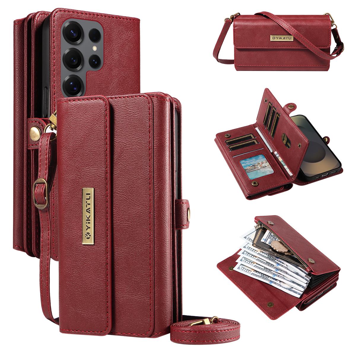 

For Samsung Galaxy S25 Ultra Case YIKATU YK-008 Zipper Wallet Leather Phone Cover with Shoulder Strap Red