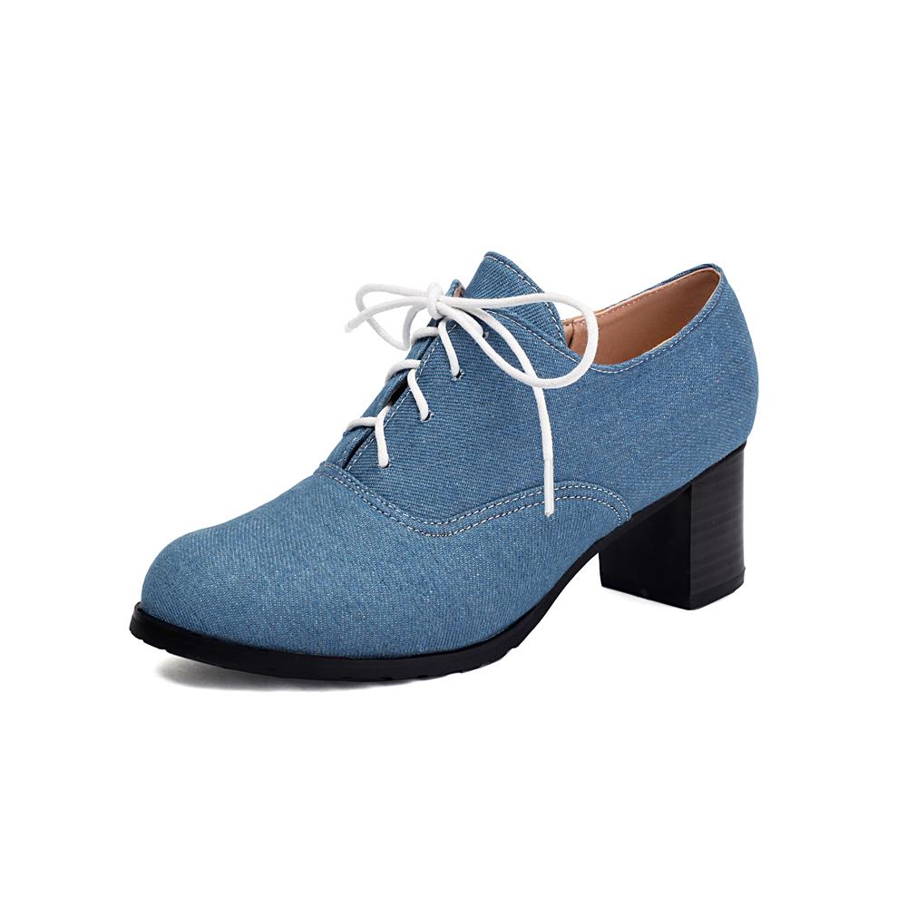 Móda Vintage Denim Dámské Šněrovací Lodičky Čtvercový Podpatek Kulatá Špička Vysoké Podpatky Britský Styl Oxfordky Podzim Nízký Svršek Studentské Boty Modré Kozačky