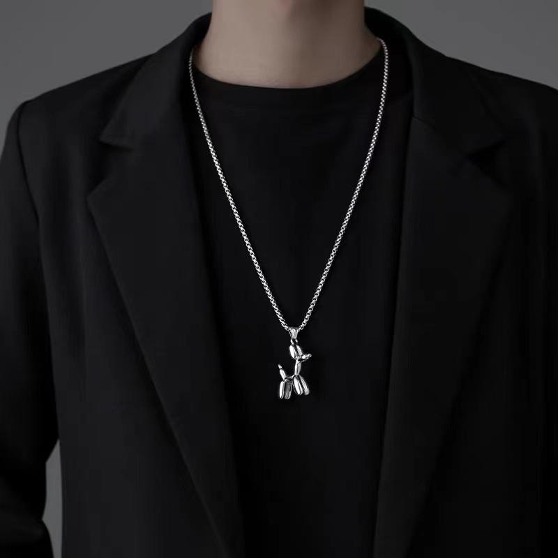 Bungee Jumping Balloon Dog Necklace: Punk Hip Hop Titanium Steel Sweater Chain for Couples with Accessories