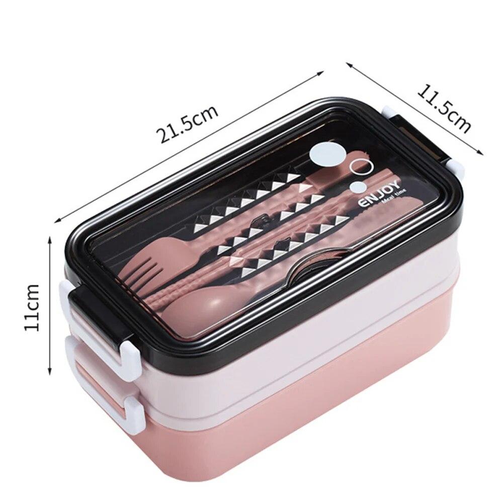 Doppelschichtige Lunchbox Tragbare Fach-Lebensmittelbox Mikrowellen-Lunchbox mit Gabel, Stäbchen und Löffel Picknick-Frischebox