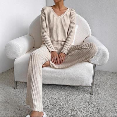 2025 Autumn Women's Cross-border Casual V-neck Rib-knit Set with Loose Straight-leg Pants
