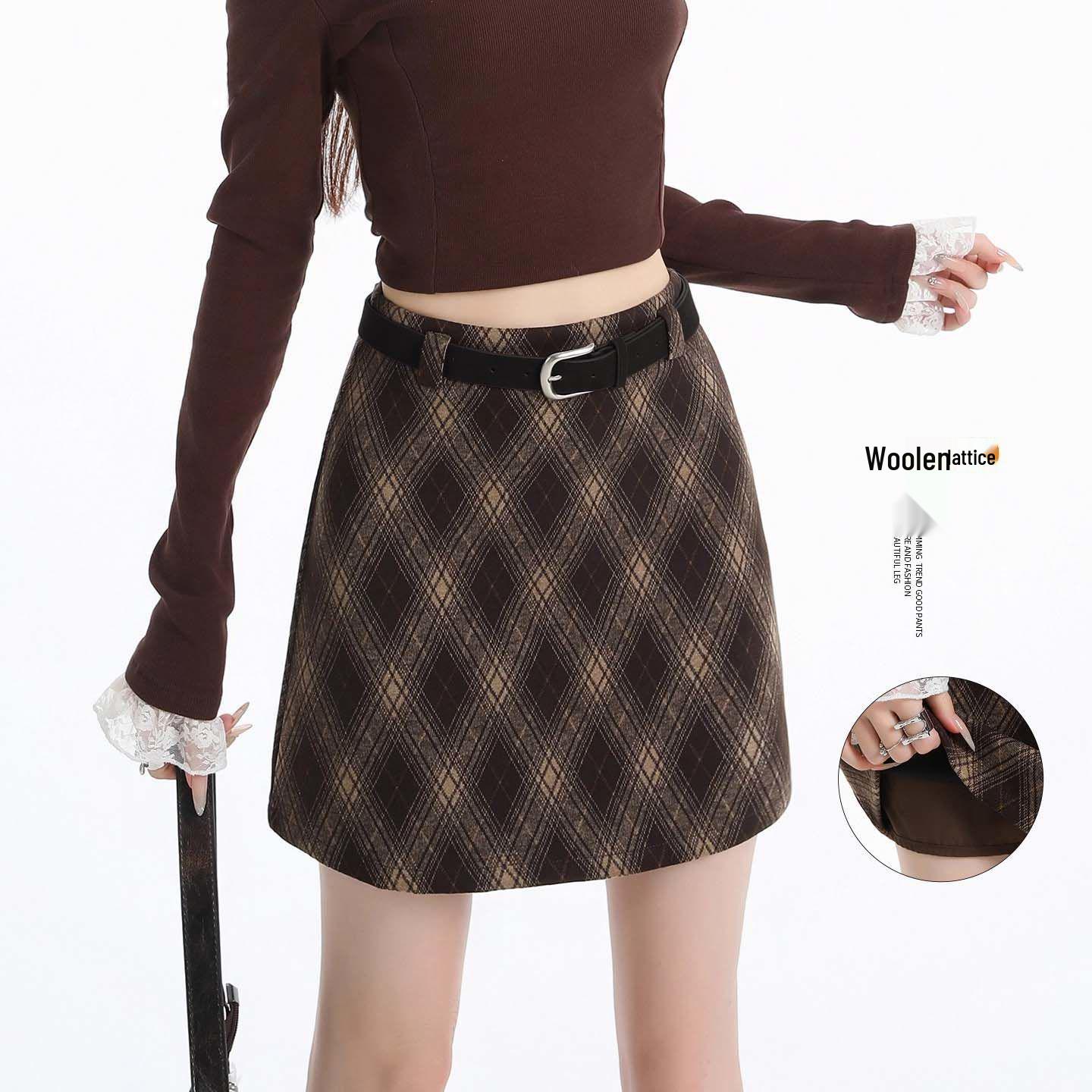 

Women s Retro High Waist A-line Wool Plaid Skirt - Winter Hip-Hugging Short Style Large: 145-175cm, 109-118kg
