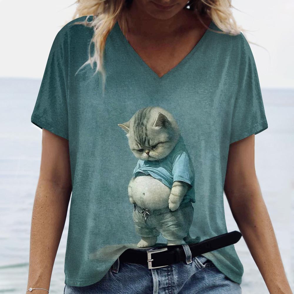 

Жіночі футболки з принтом із зображенням котів із милим пузиком Повсякденні короткі рукави з короткими рукавами Літні модні футболки Вільний жіночий верхній одяг 6XL
