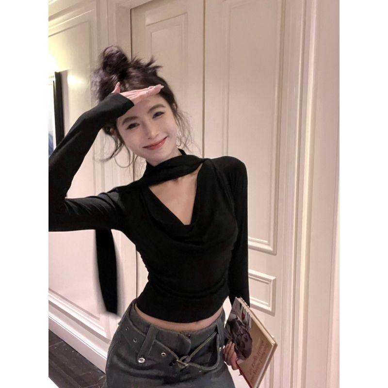 Kumikumi Sexy Wind Black Streamer V Neck Long Sleeves T-shirt Women's Autumn All-Matching Slim Fit Slimming Sexy Top