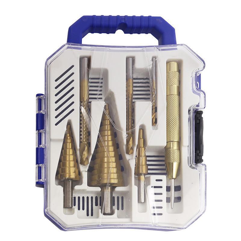 High-speed Steel 7-piece Step Drill Set with Slot Saw, Center Punch, Triangular Handle - Perfect for Woodworking Projects.