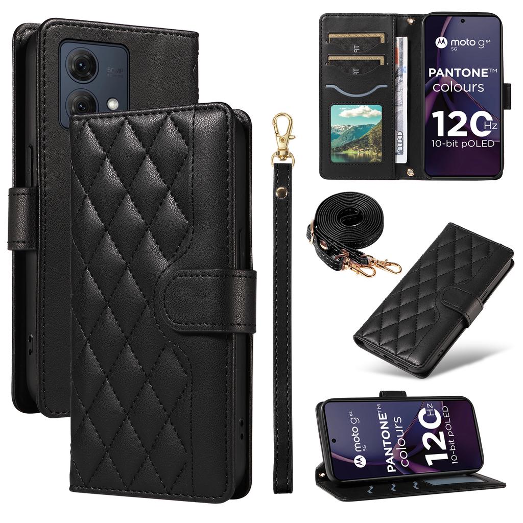 For Motorola Moto G84 5G Case Wallet Rhombus Leather Phone Cover with Shoulder Strap,Wrist Strap