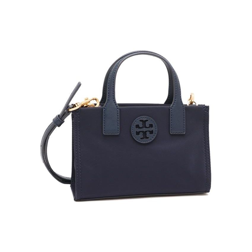 Tory Burch Ella Double T Logo Cutout Patch Solid Simple Nylon Tote Bag Shopping Bag Shoulder Crossbody Handbag Mini Women Tote Navy-Blue 146437-405