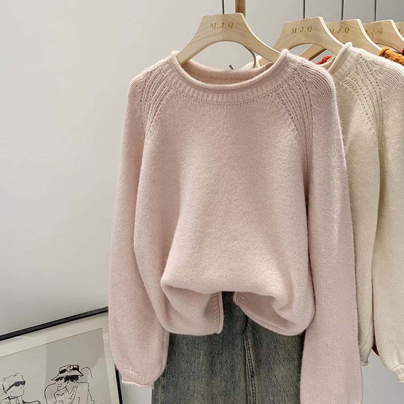 Sweater for Women Autumn Winter Thickened Warm Solid Color Knitted Stretchy Long Sleeve Tops