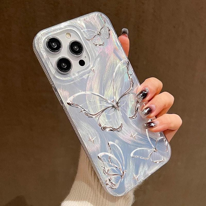 For iPhone 14 13 15 16 Pro Max Case Luxury Laser Silver Butterfly Phone Case for iPhone 16E 11 12 Pro Max XS XR 7 8 16 Plus Case