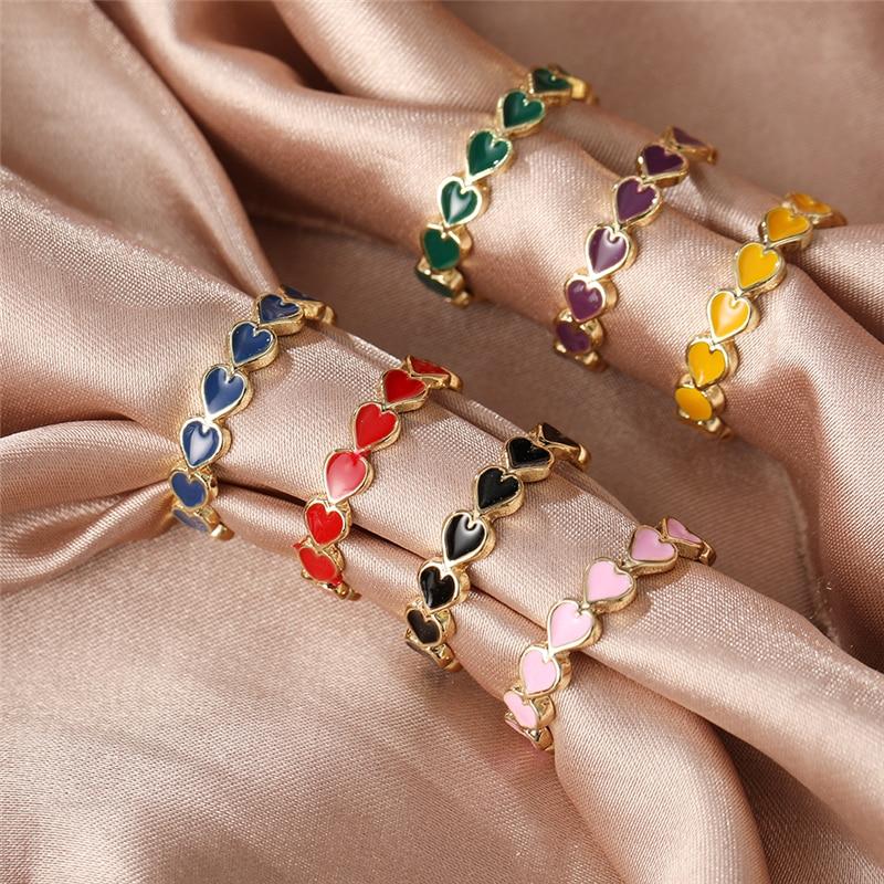iF ME Trendy Heart Shape Rings for Women Exquisite Colorful Green Glossy Metal Rings Wholesale Jewelry