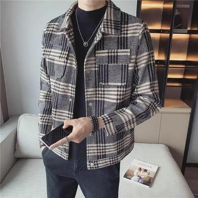 Erkek Moda Ekose Yün Ceket - Sonbahar ve Kış İçin İnce, Kalın, Kısa Mont