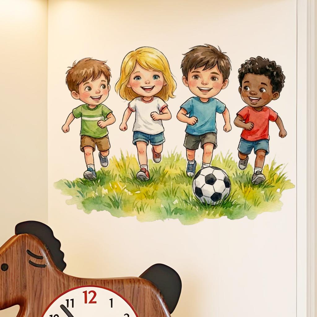 Cartoon Kinder beim Fußballspielen Wandaufkleber für Kinderzimmer Wohnzimmer Eingangsbereich Hintergrund Heimdeko Abnehmbarer Sticker Kunst Wandbild
