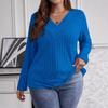 Women S V Neck Long Sleeve Pullover Top Solid Color Plus Size Brushed Ribbed Top