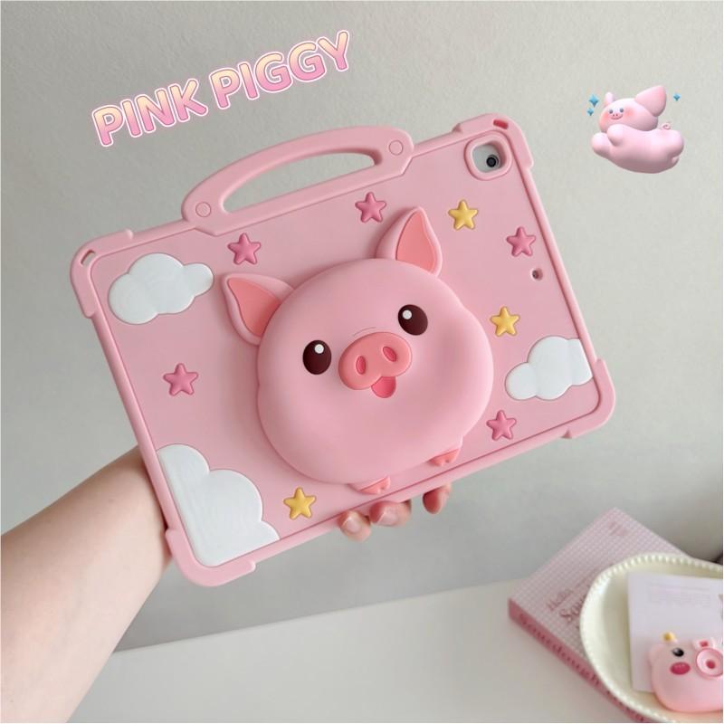 3D Cartoon Cute Pink Pig Silicone Tablet Case With Handle For iPad 12th 11 10 9 8 Ipad Pro Air M4 M3 M2 11inch A16 A19 2018-2026 M4 Kids Cover Stand