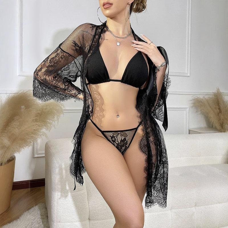 Sexy lace lace long slit mesh sex perspective long-sleeved pajamas robe