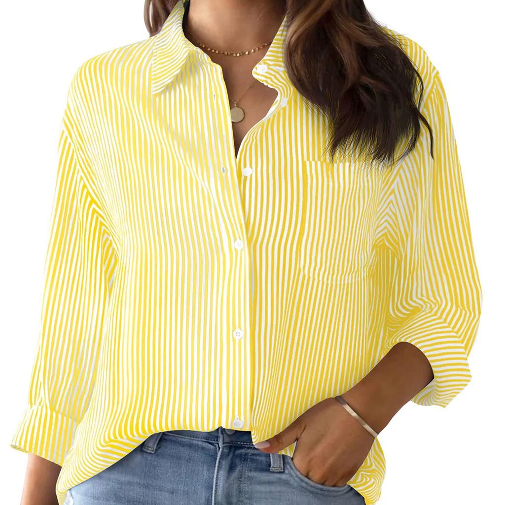 Womens Button Down Shirts Striped Classic Long Sleeve Collared Office Work Blouses Tops with Pocket