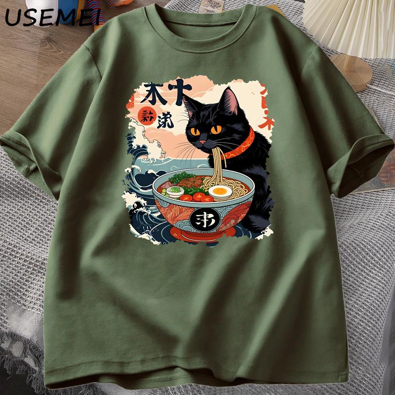 

Летние мужские футболки с круглым вырезом, 3D-принтом кота и японских аниме-лапши ламян, модные повседневные футболки с коротким рукавом XXL зелёный