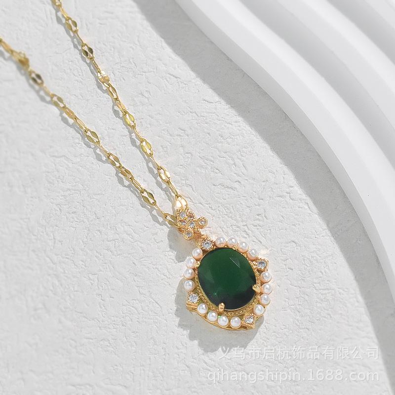 Emerald Necklace Female Ethnic Style Vintage Versatile Inlaid Pearl Pendant Clavicle Chain Accessories