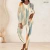 Women Plus Size Round Neck Long Sleeve Printed Longline Top Fitted Pants Two Piece Set