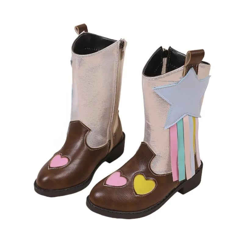 

Girls Princess Riding Boots Bohemian Style Kids High Boots Side Zipper Autumn Winter Children Mid-calf Boots Versatile 27 коричневый