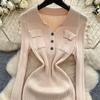 Spring Autumn Women Elegant Polo Collar Full Sleeve Knitted Sweater Mini Short Sheath Dresses