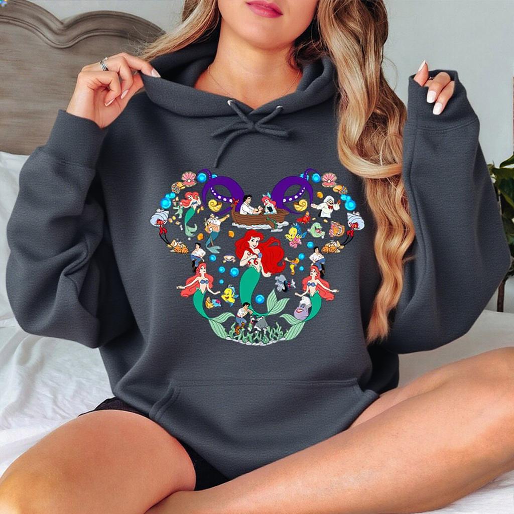 Disney Parent-child Outfits for Girls, Little Mermaid Princess Print Hoodie, Casual Sporty Multi-color Sweatshirt, Loose Hoodie