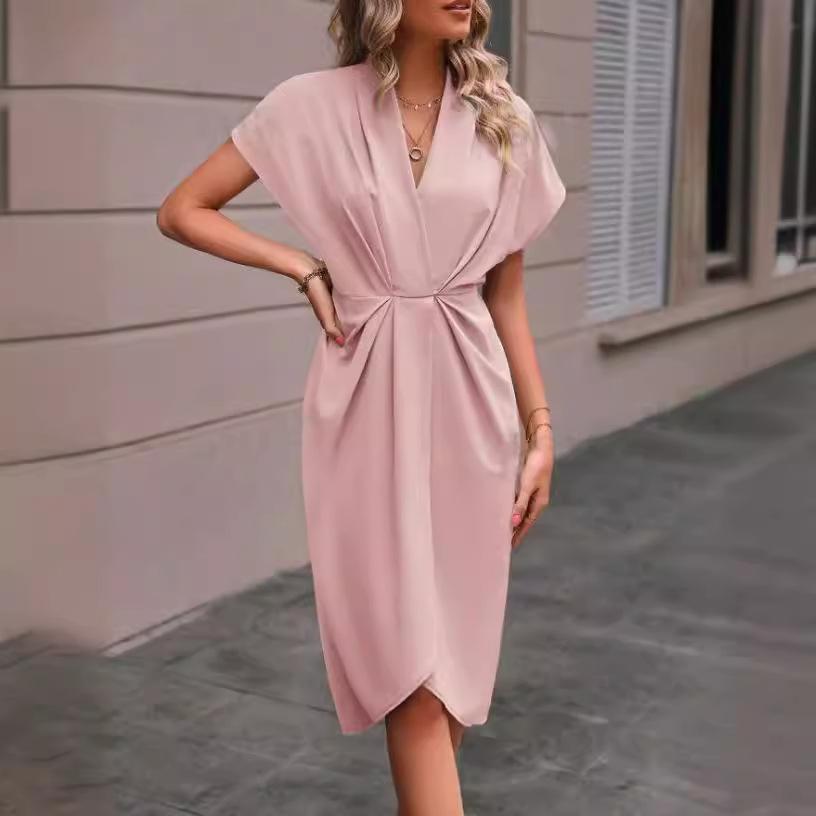 women's Satin V Neck Batwing Short Sleeve Twist Front Wrap Midi Dress Elegant Party Cocktail Dress