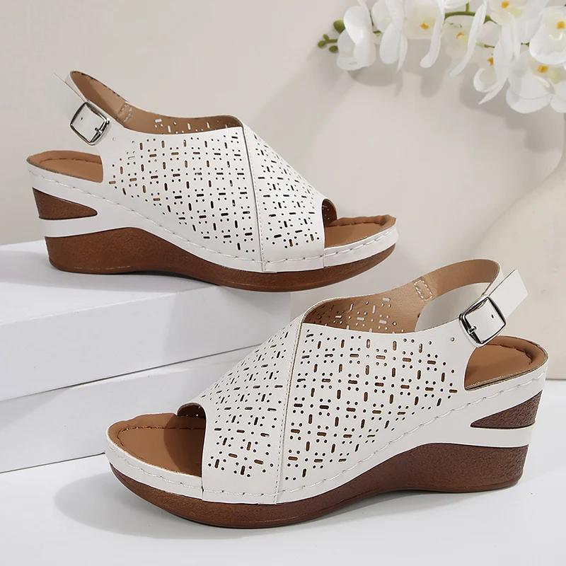 Fashion Hollow Out Wedge Sandals for Women Summer 2025 Chunky Platform Rome Shoes Woman Plus Size Vintage High Heels Sandles Female 43