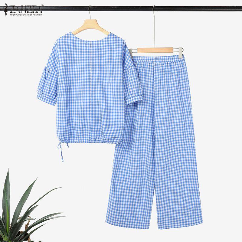 ZANZEA Women 3/4 Sleeve Blouse and Pants Casual Plaid Print Two Piece Suit Sets