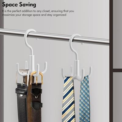 4 Pack 360 Rotatable Belt Hanger, Closet Rod Hooks with 4 Hooks for Belt, Tie, Hat, Scarf, Bag, Bra, Tank Top - White