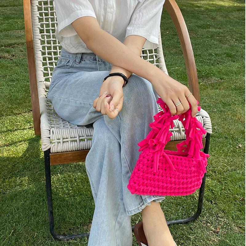 Yogodlns Fashion Solid Color Women's Knitted Small Handbag Woven Luxury Design Tassel Shoulder Bag Wrist Bag
