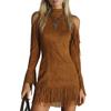 Women's Fringe Mock Neck Cold Shoulder Long Sleeve Mini Dress Solid Color Casual Dress