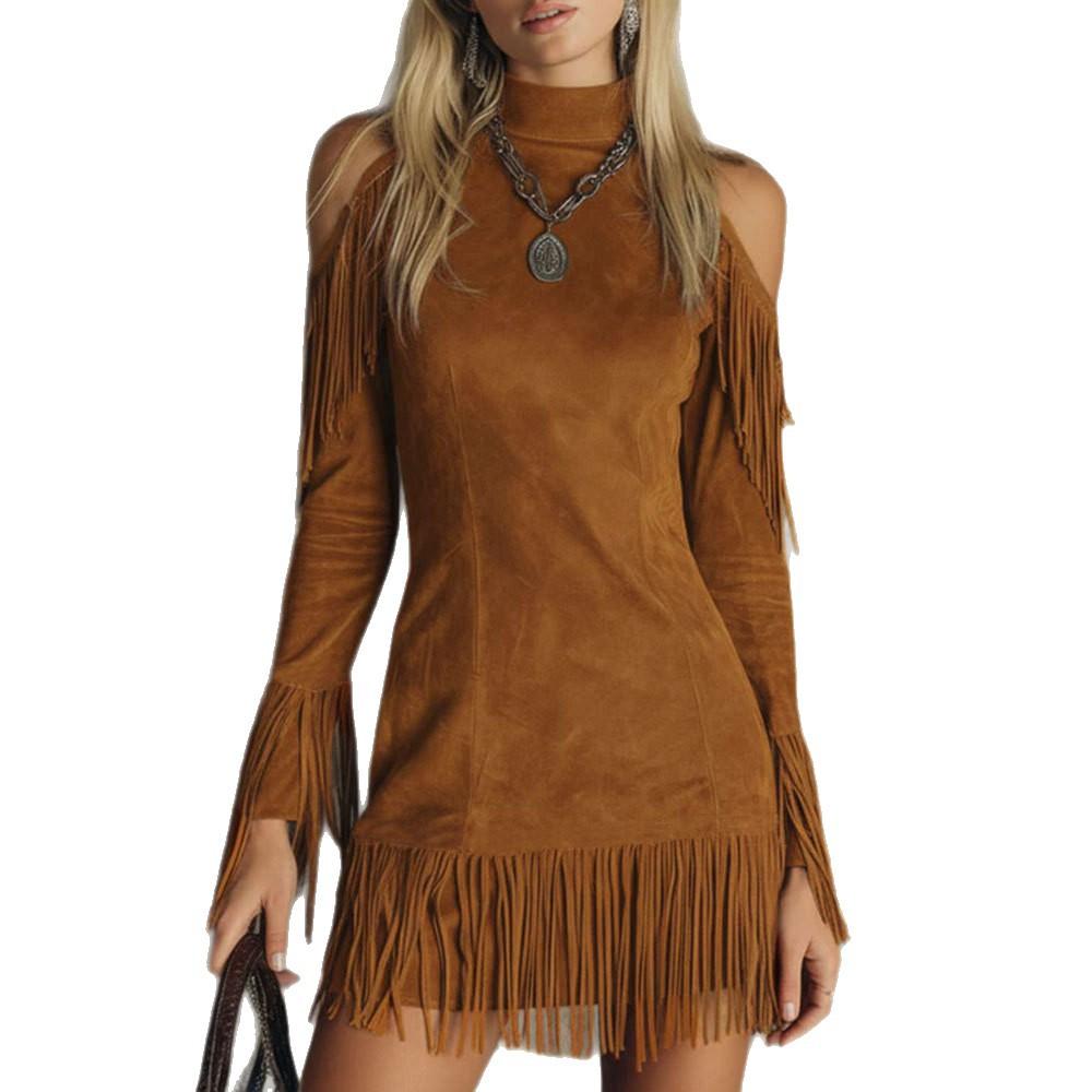 Women's Fringe Mock Neck Cold Shoulder Long Sleeve Mini Dress Solid Color Casual Dress