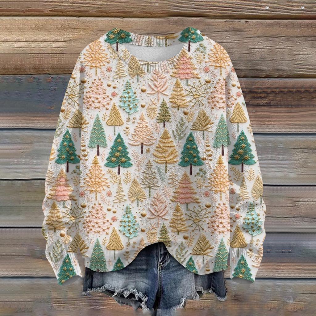 Ladies' Fashionable Casual Long Sleeved Christmas Printed Round Neck Knitted Yarn