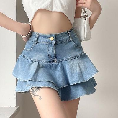 Vintage džínová sukně šortky Ženy Léto Korejská móda Vysoký pas Tenký střih do A Roztomilé Sexy Mini Jean Volánková sukně Žena
