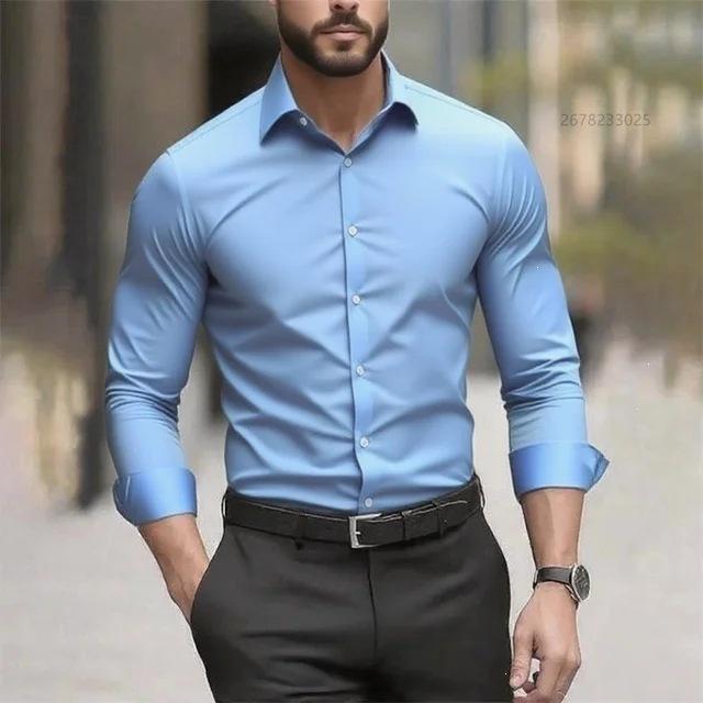 Cămașă pentru bărbați, stil business casual, cu mânecă lungă, culoare solidă, guler revere, rezistentă la șifonare, mărime mare