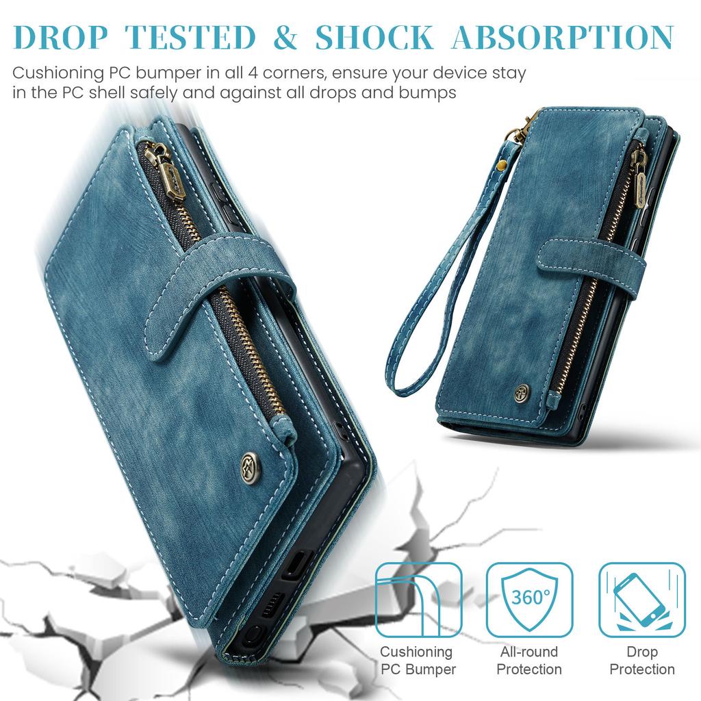 For Samsung Galaxy S25 Edge S24 S23 S22 Ultra Case, Durable PU Leather Magnetic Flip Strap Wristlet Zipper Card Holder Wallet