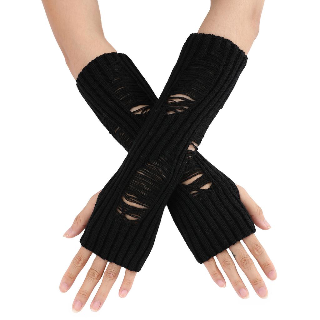 Perforated and Hollowed Out Woolen Gloves for Autumn and Winter Mid Length Fingerless  Warm and Fashionable Knitted Arm Covers for Women