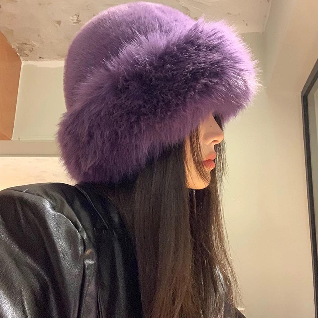 Warm Winter Plush Mongolian Hat Women Fur Bucket Cap Riding Thicken Fluffy Brimless Comfortable Fashion Outdoor Casual Soft Hat