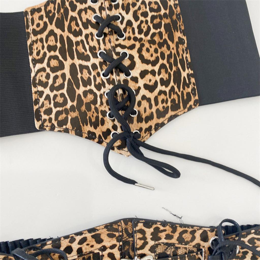 Lace Leopard Pattern Corset Women Waspie Laceup Tied Waistband Retro Cincher for Formal Event Party Elastic Waistbelt
