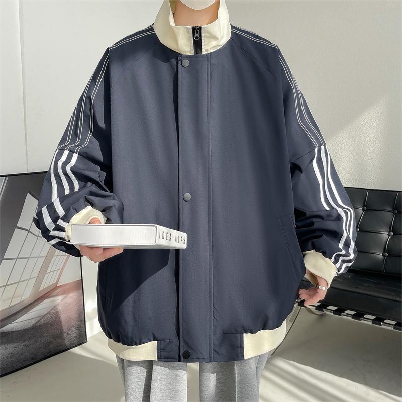 

Европейский и американский стиль, полосатая куртка, мужская весенняя американская хип-хоп, рабочая спортивная куртка, повседневная куртка со стойкой 5XL тёмно-синий