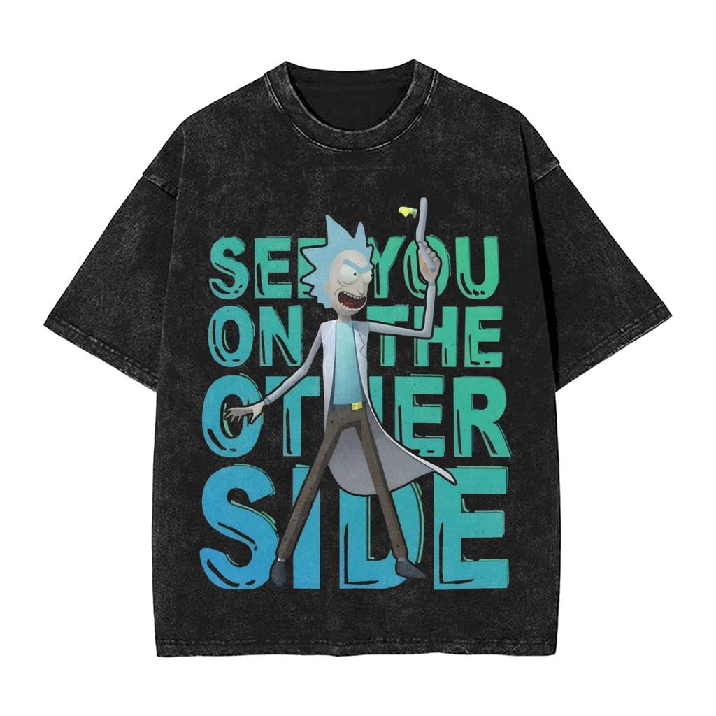 R-Rick and M-Morty Vintage Washed T-Shirt Men Polyester Clothing Kawaii Adventure Crewneck Short Sleeve