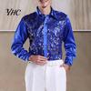 Sequin Embellished Men Shirt Luxury Sequins Performance Lapel Long Sleeve Single-Breasted Lightweight Wedding Stage Slim Fit Formal Casual Tops