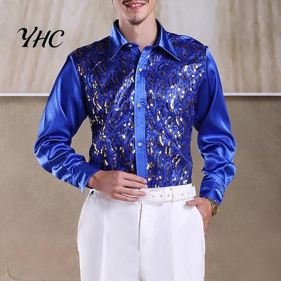 Sequin Embellished Men Shirt Luxury Sequins Performance Lapel Long Sleeve Single-Breasted Lightweight Wedding Stage Slim Fit Formal Casual Tops