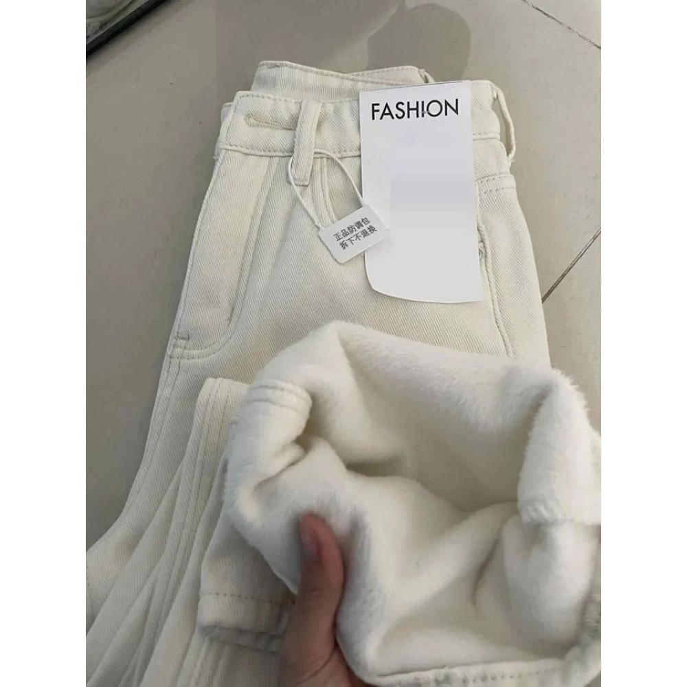 Women's High Rise Wide Leg Jeans Loose Fit Fleece Lined Straight Leg White Denim Pants Warm Drape Trousers For Winter