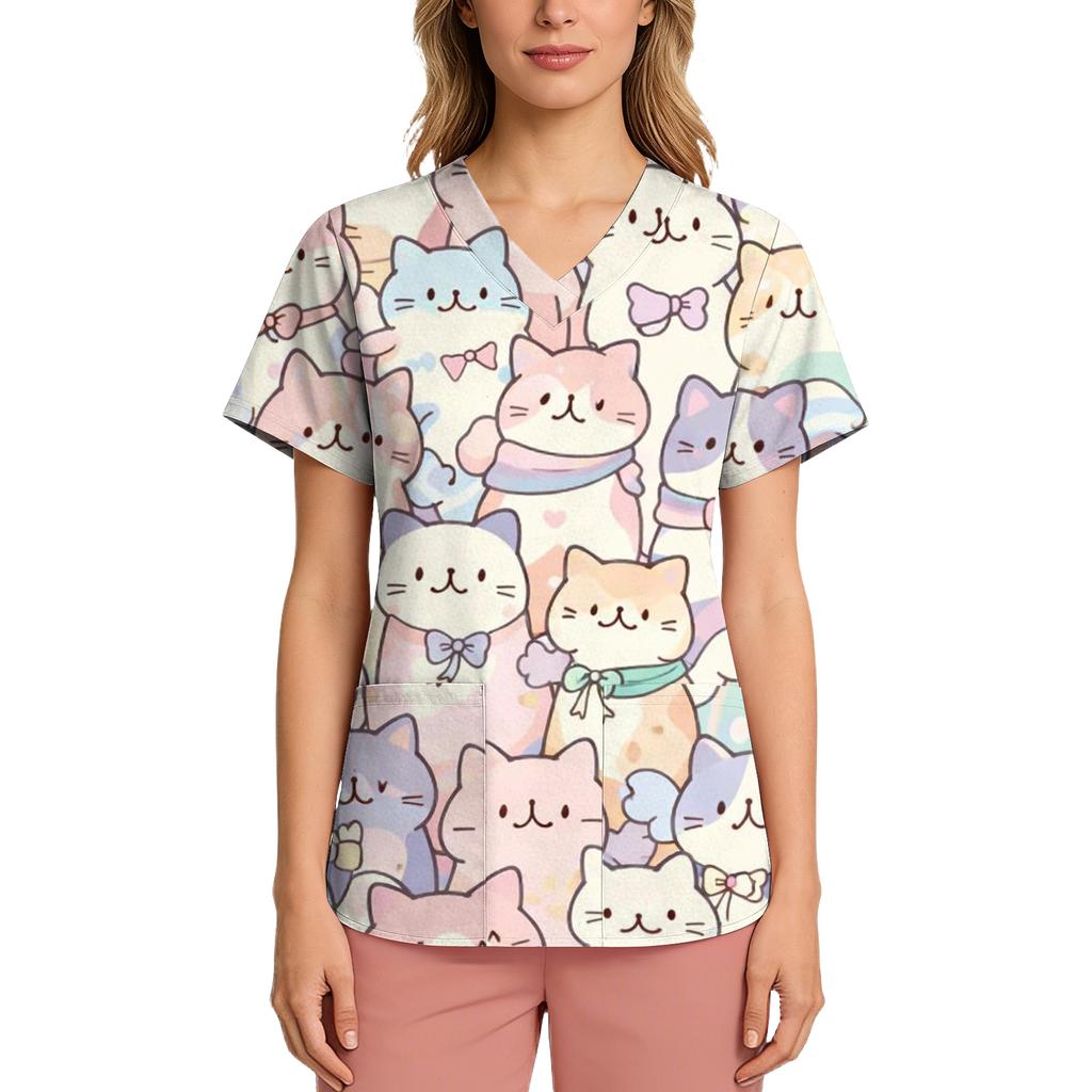 Women's Casual Short-Sleeve Cute Animal Print V-Neck Pocket Workwear Top