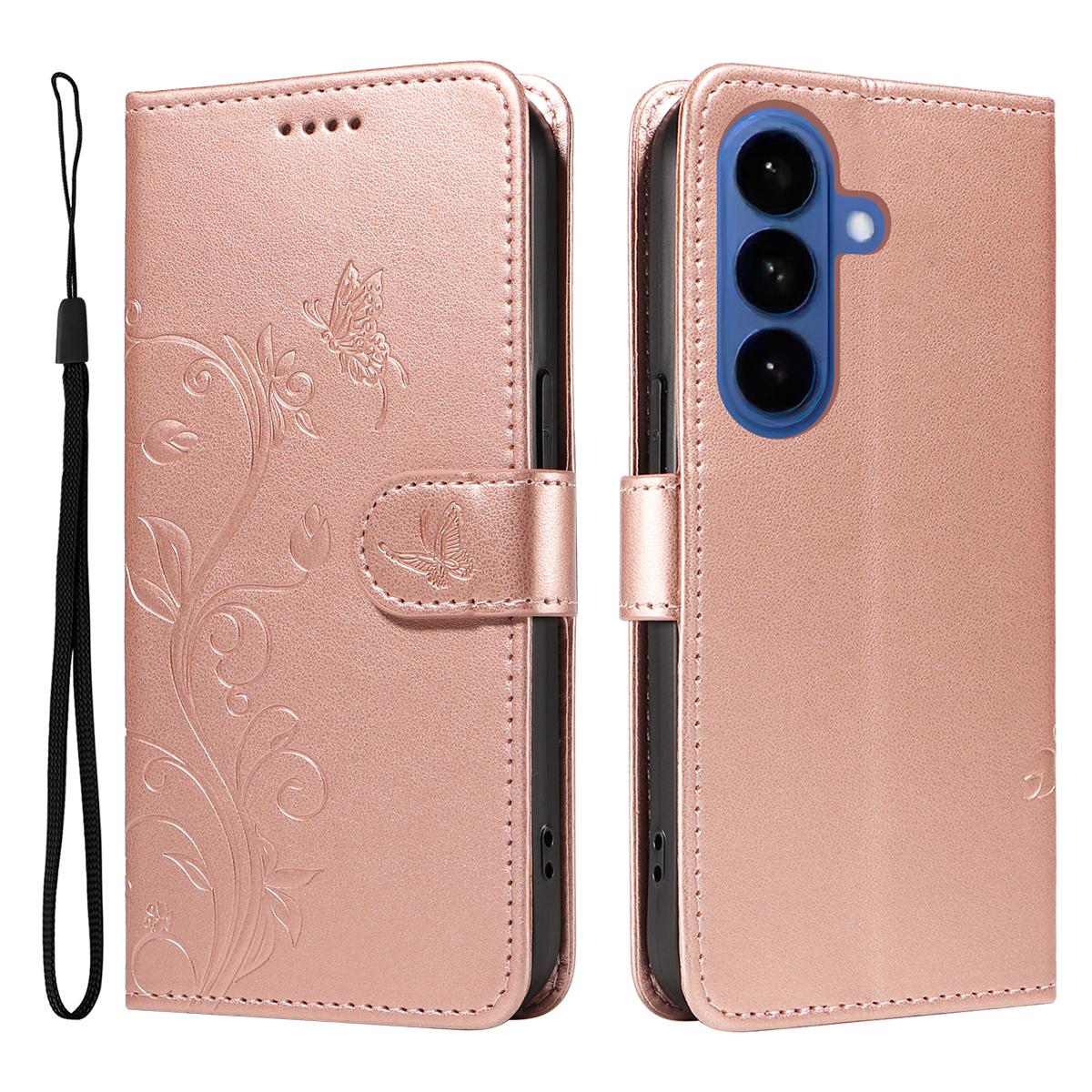 

For Samsung Galaxy S26/S26 Pro PU Leather Cases Flower Pattern Wallet Stand Phone Cover with Strap