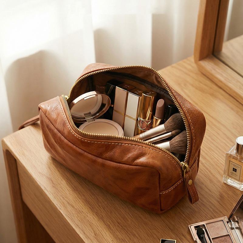 Multi-Purpose Genuine Leather Travel Organizer Pouch, Large Capacity Leather Pen Case, Cosmetics, Small Tools & Daily Essentials